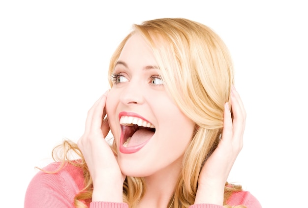 bright picture of surprised woman face over white