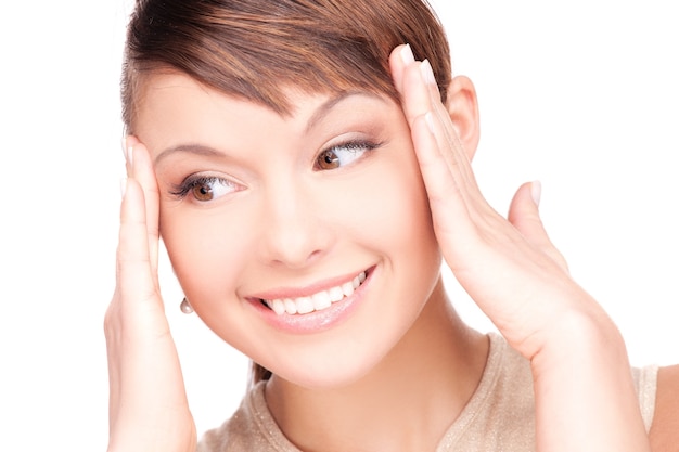 bright picture of surprised woman face over white