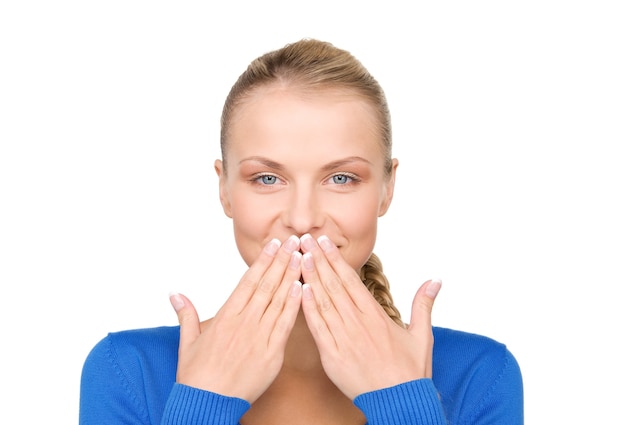 Photo bright picture of teenage girl with hands over mouth