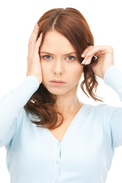 bright picture of unhappy woman over white