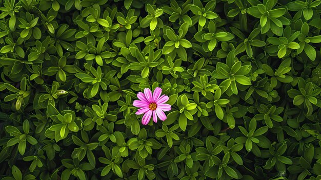 A bright picture with a pink flower blooming in the green grass remote control aerial photography mo