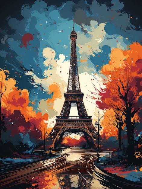 파리의 명소와 함께 밝은 그림 색의 스프레이 감성적인 그림 수직 프레임