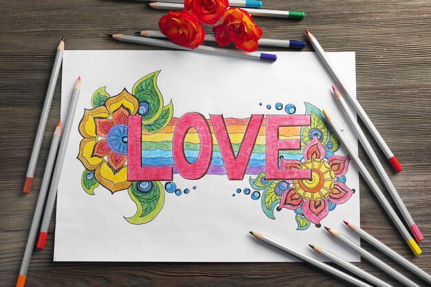 Bright picture with word LOVE crayons and roses close up