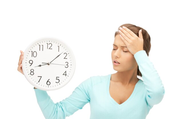 bright picture of woman holding big clock