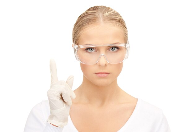 bright picture of woman in protective glasses and gloves