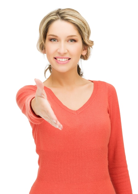 bright picture of woman with an open hand ready for handshake