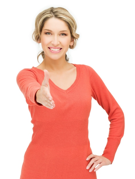 bright picture of woman with an open hand ready for handshake