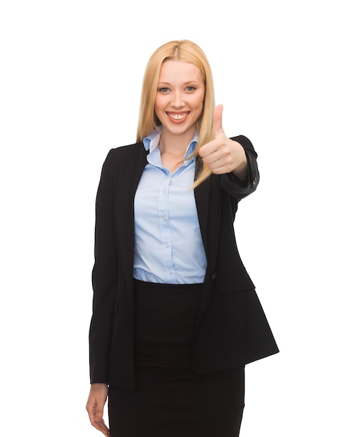 bright picture of young businesswoman with thumbs up