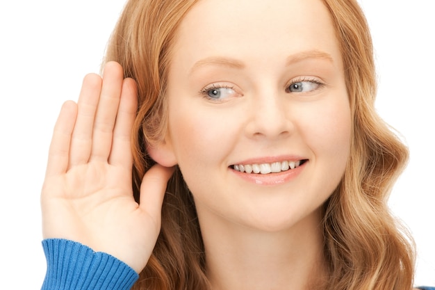 Photo bright picture of young woman listening gossip