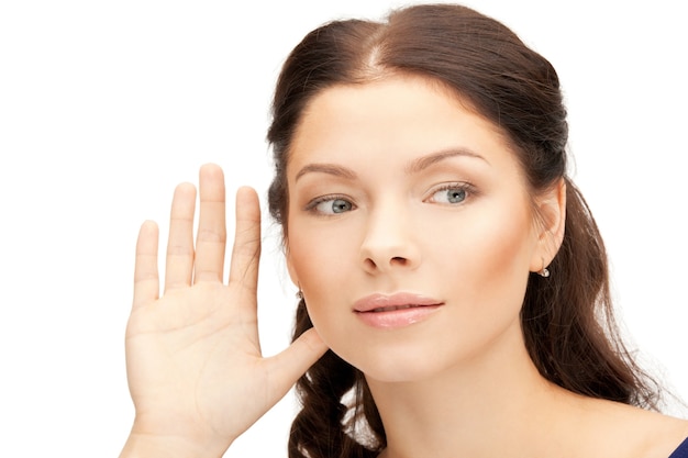 Photo bright picture of young woman listening gossip