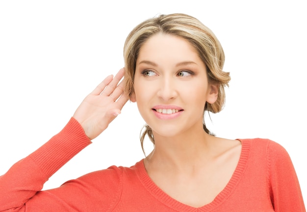 Photo bright picture of young woman listening gossip