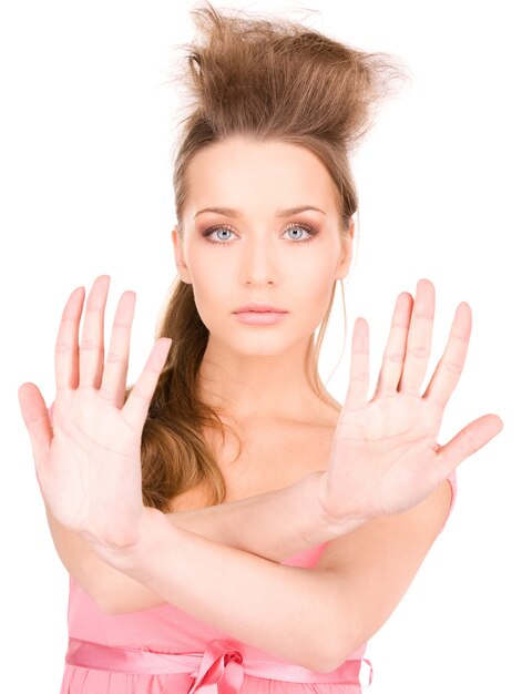 Photo bright picture of young woman making stop gesture