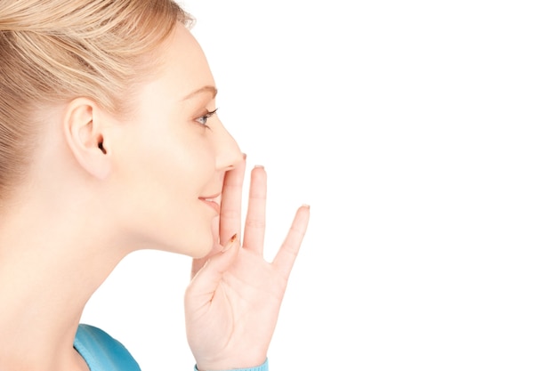 bright picture of young woman whispering gossip