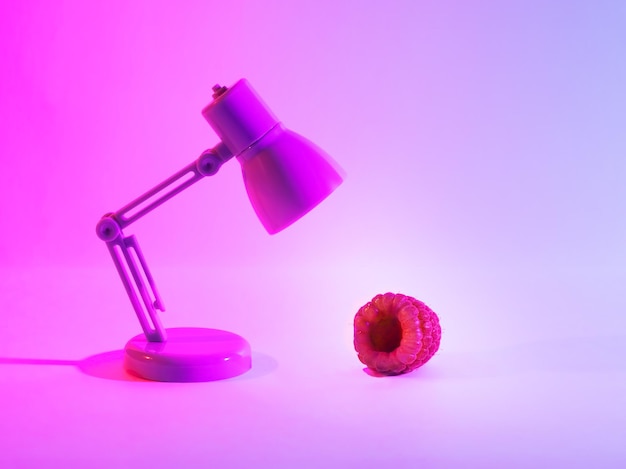 Bright pink background with a table lamp illuminating raspberries