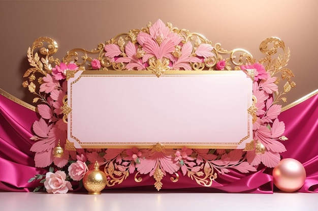 Photo bright pink banner with luxurious gold ornaments and large empty place for your text