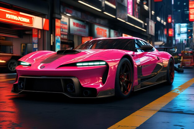 Bright pink car on a street background