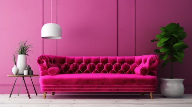 A bright pink couch in a living room with a white lamp hanging above it.