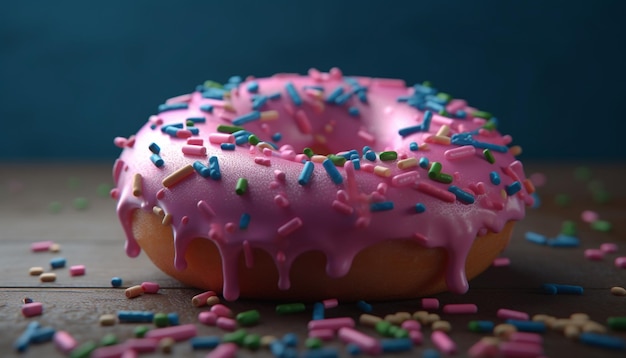 Bright pink donut with chocolate icing candy and strawberry indulgence generated by artificial intelligence