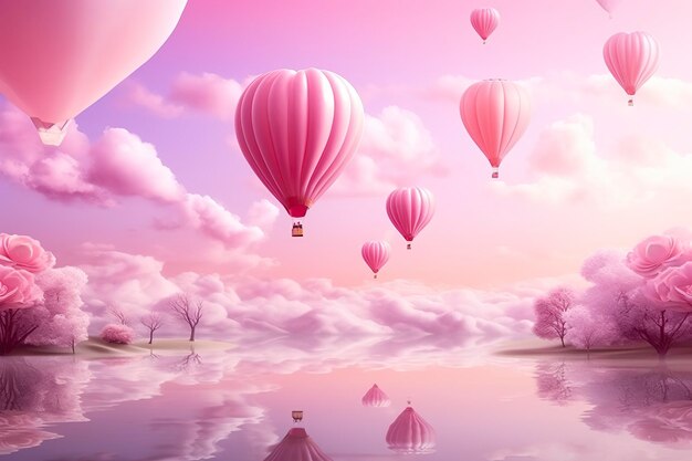 Bright pink ethereal cloudy landscape hearts roses balloons and wedding concept Generative AI