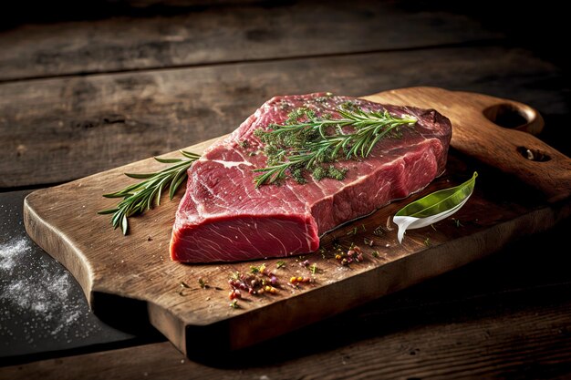 Bright pink flank steak pieces with sprigs of green rosemary on wooden board