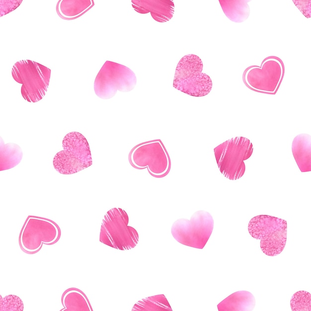 白い背景にさまざまなテクスチャの明るいピンクのハート 水彩イラスト バレンタインデー コレクションからのシームレスなパターン 包装紙の装飾とデザイン用