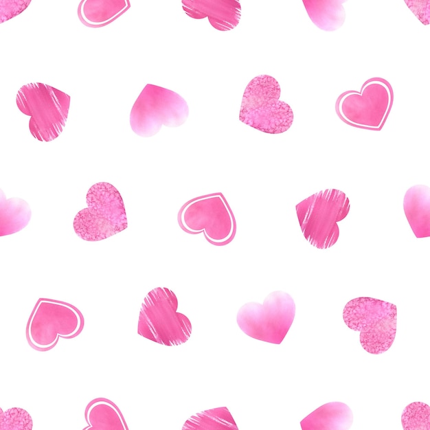 Bright pink hearts of different textures on a white background\
watercolor illustration seamless pattern from the valentine\'s day\
collection for packaging paper decoration and design