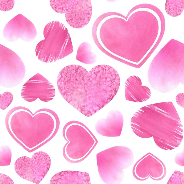 Bright pink hearts of different textures on a white background Watercolor illustration Seamless pattern from the VALENTINE'S DAY collection For packaging paper decoration and design