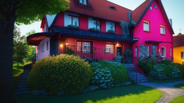 A bright pink house with a red roof and a green lawn in front of it.