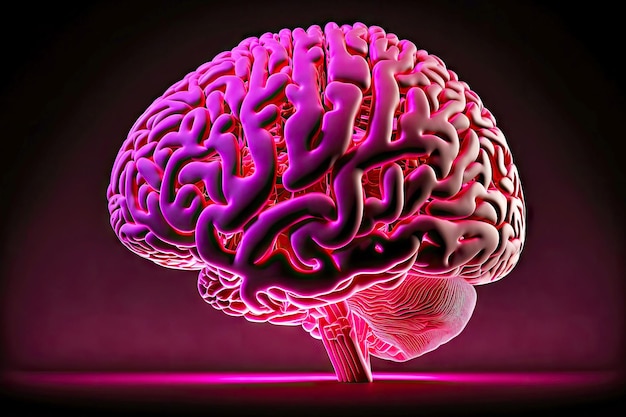 Bright pink human brain in form of threedimensional model on dark background