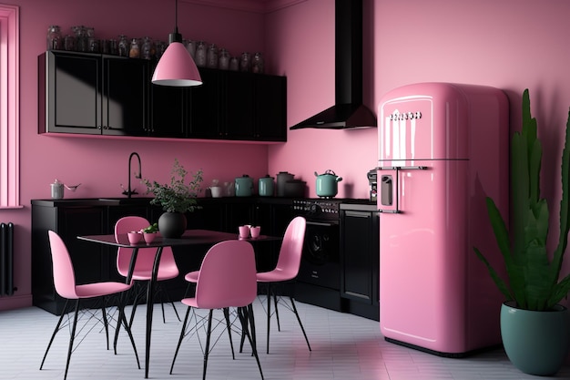 A bright pink kitchen with a vintage style fridge.