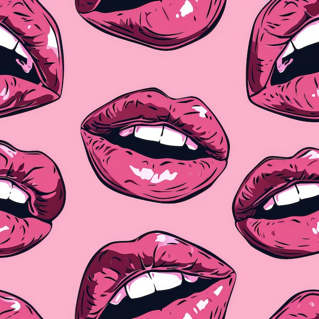 Photo bright pink lips pattern seamless design of glossy alluring lips for fashion and beauty concepts