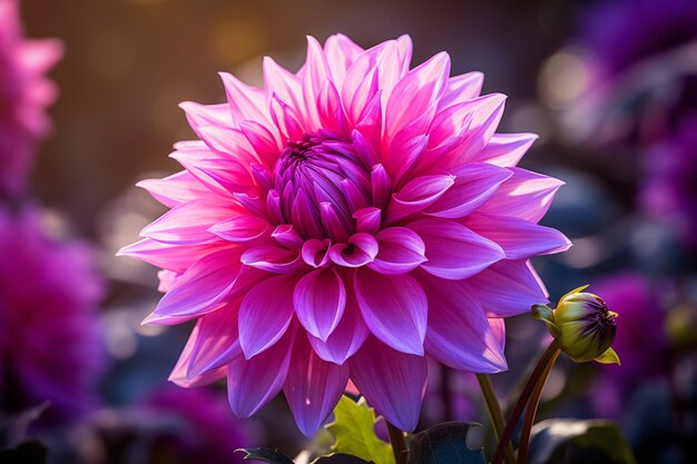 A bright pink purple dahlia flower grows in a summer garden