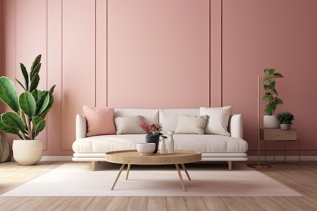 On a bright pink wall and wooden floors there is a cream sofa and table