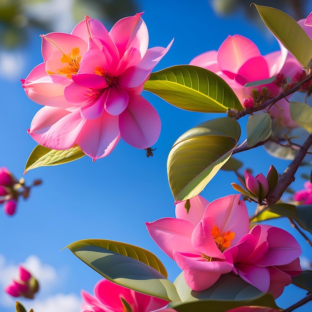 Bright pink and white bougainvillea flowers on blue sky background
