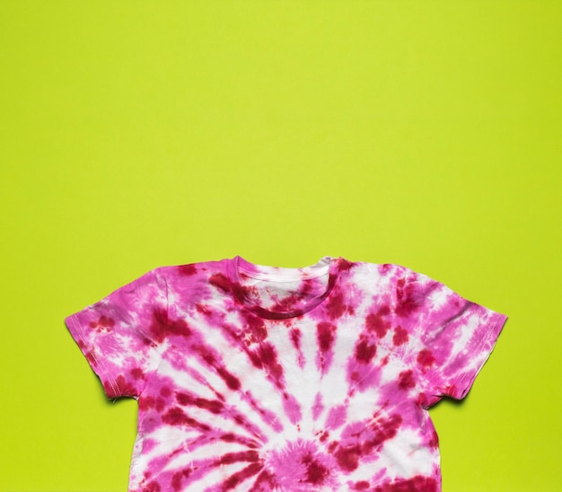 T-shirt tie dye rosa e bianca brillante su sfondo verde. disposizione piatta.