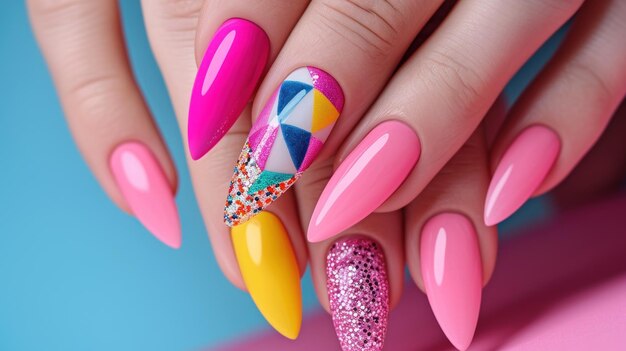 Bright Pink and Yellow Nail Polish on Womans Hand