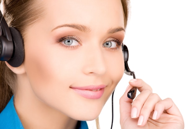 bright portrait of friendly female helpline operator