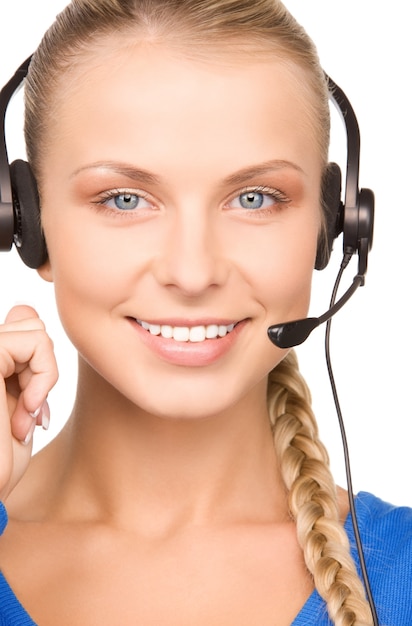 bright Portrait of friendly female helpline operator