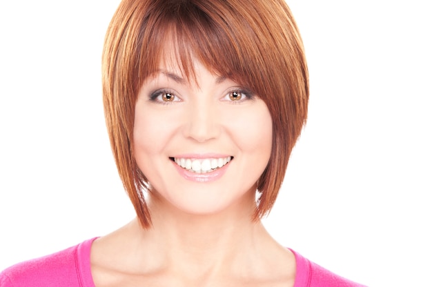 bright Portrait of lovely businesswoman over white wall