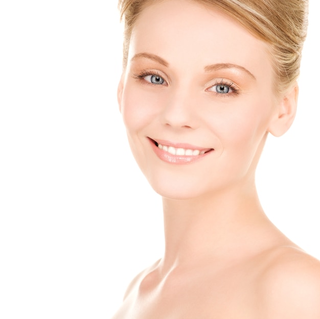 bright portrait of lovely woman over white wall