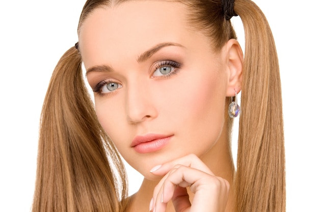 bright Portrait of lovely woman over white wall