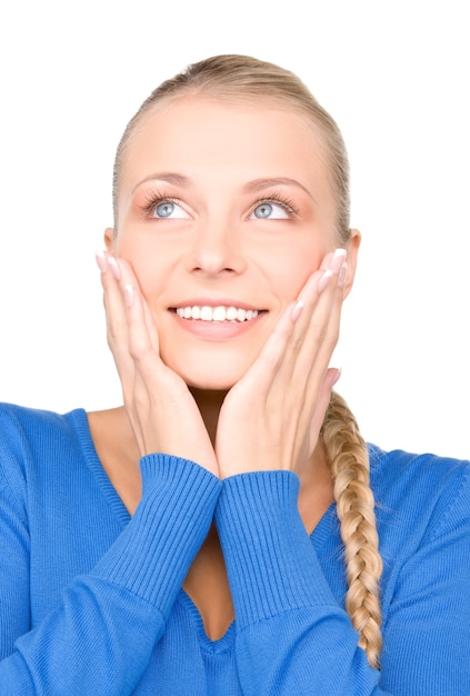 bright Portrait of surprised woman face over white wall