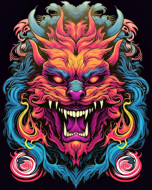 Bright psychedelic monster poster Horror poster mystical head psychedelic monster AI Generated