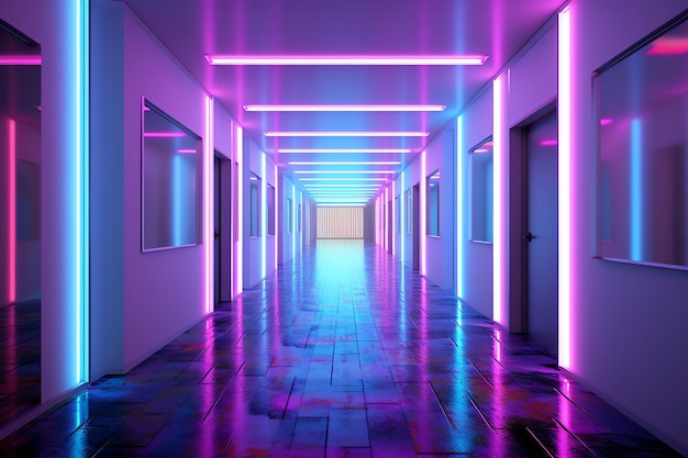 Bright purple and pink lights in a hallway