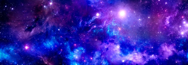 Spazio viola brillante con nebulosa blu colorata e stelle luminose, sfondo cosmico