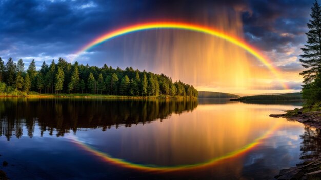 A bright rainbow over the lake