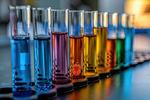Яркие реагенты в пробирках на столе химической лаборатории
