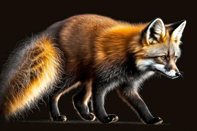 Bright red arctic fox walking on black background