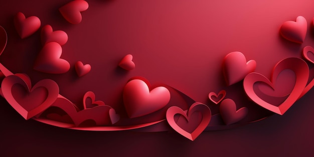 Bright red background decorated with openwork hearts cut out of papercopy space