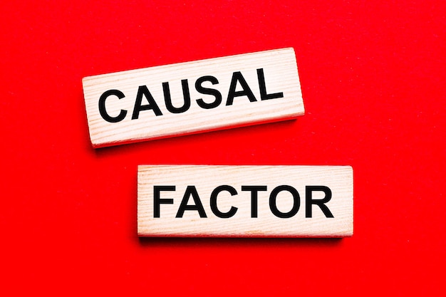 On a bright red background there are two light wooden blocks with the text CAUSAL FACTOR